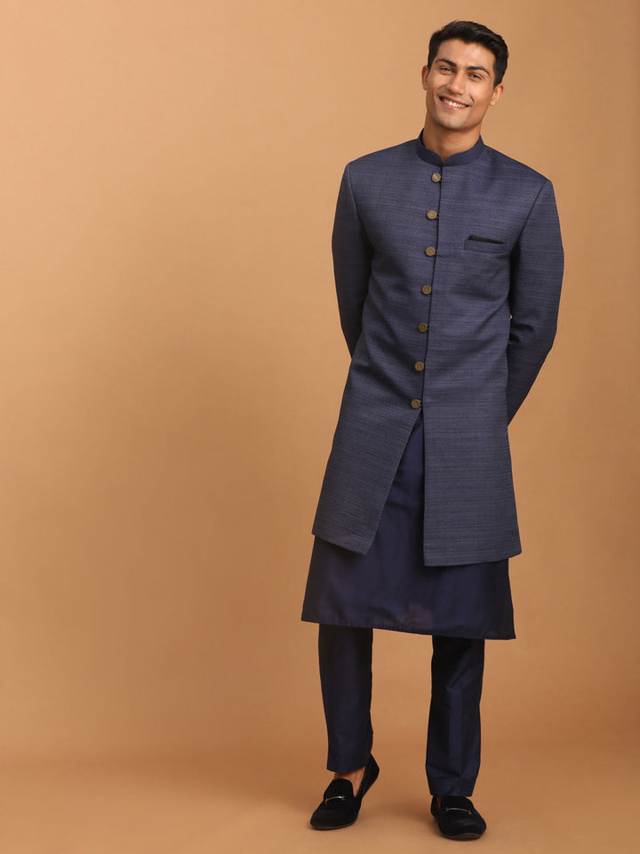 Sarvati Men's Navy Blue Sherwani With Kurta Pant Set