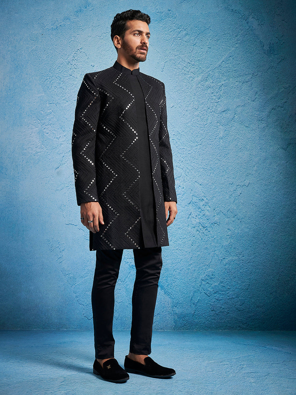 Men's Black Viscose Sherwani Set