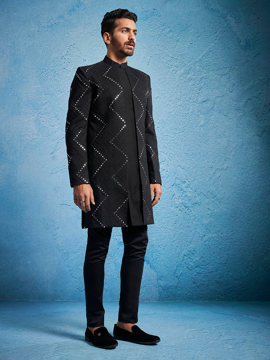 Men's Black Viscose Sherwani Set