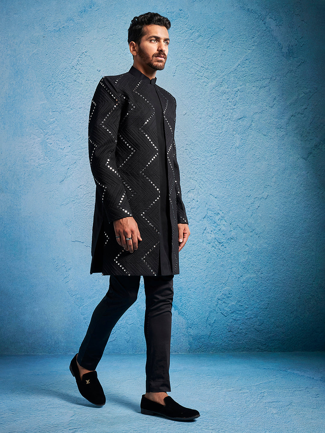 Men's Black Viscose Sherwani Set