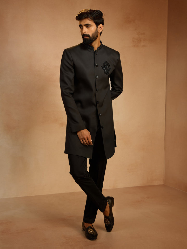 Men's Black Cutdana Sequin Embroidered Indo-Western Kurta with Pant Style Pyjama Set