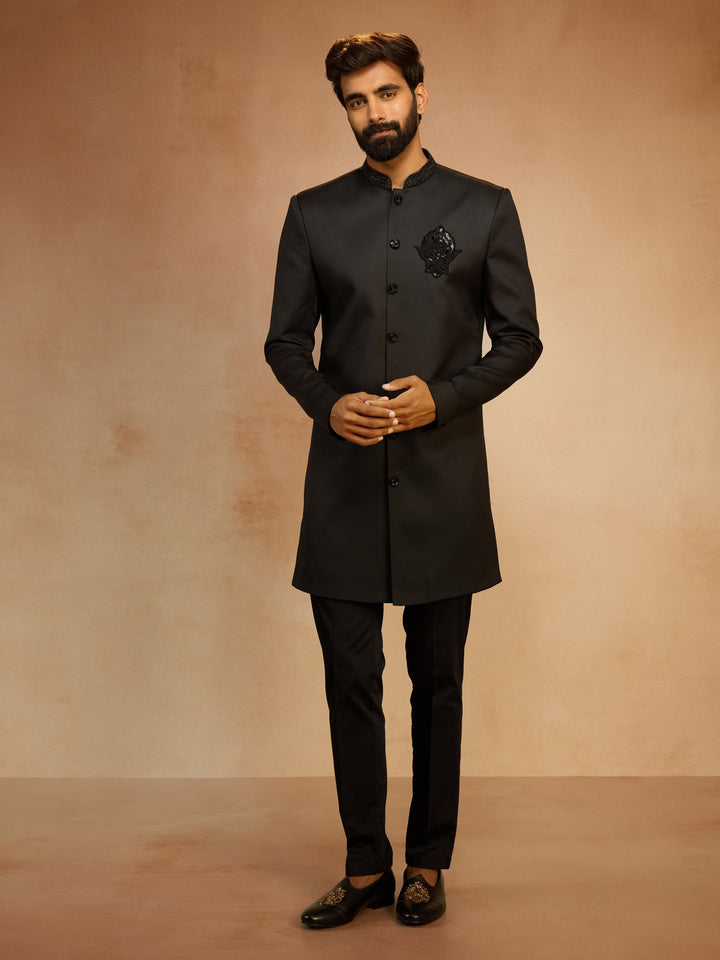 Men's Black Cutdana Sequin Embroidered Indo-Western Kurta with Pant Style Pyjama Set - view 4