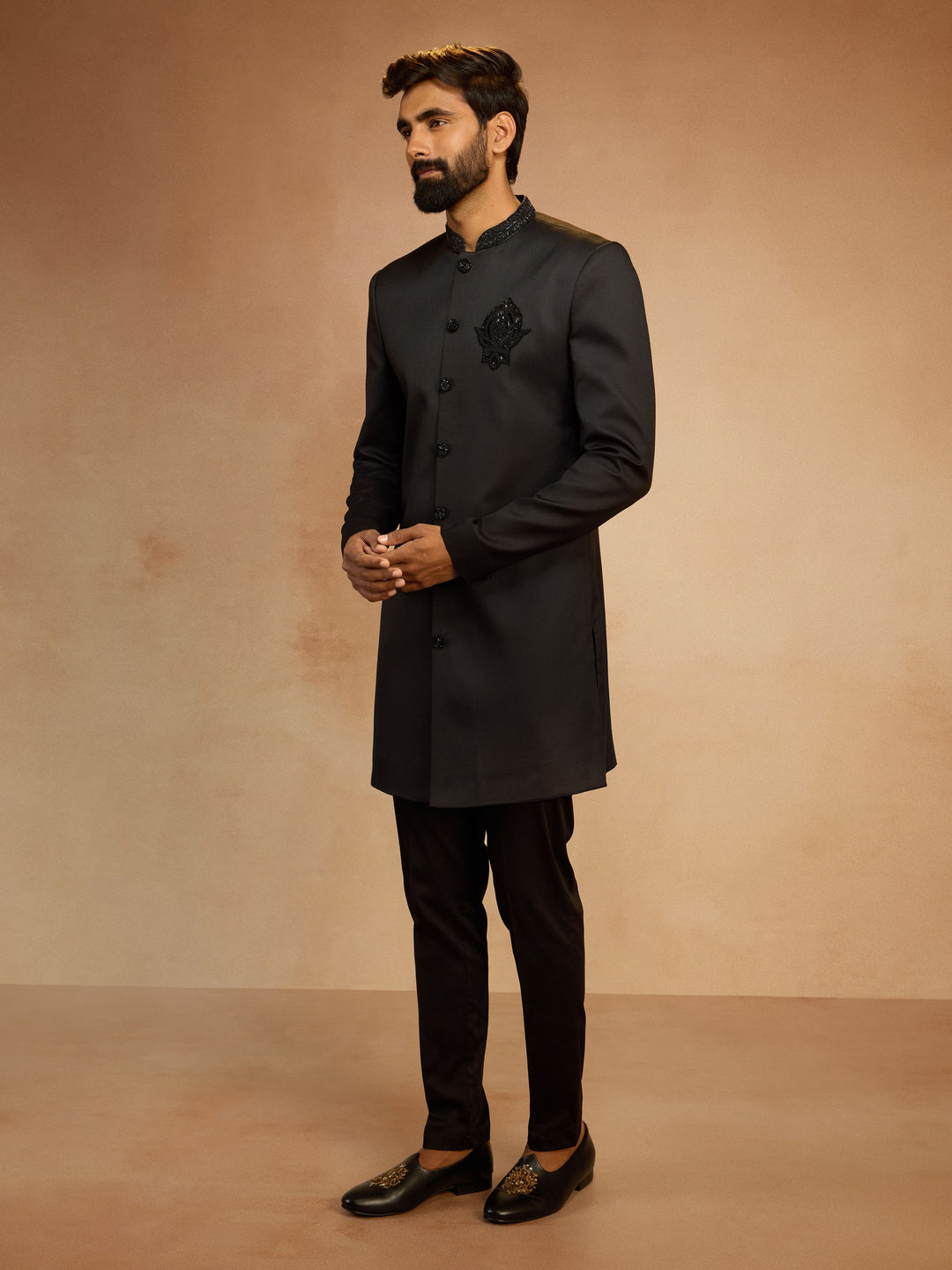 Men's Black Cutdana Sequin Embroidered Indo-Western Kurta with Pant Style Pyjama Set - view 3