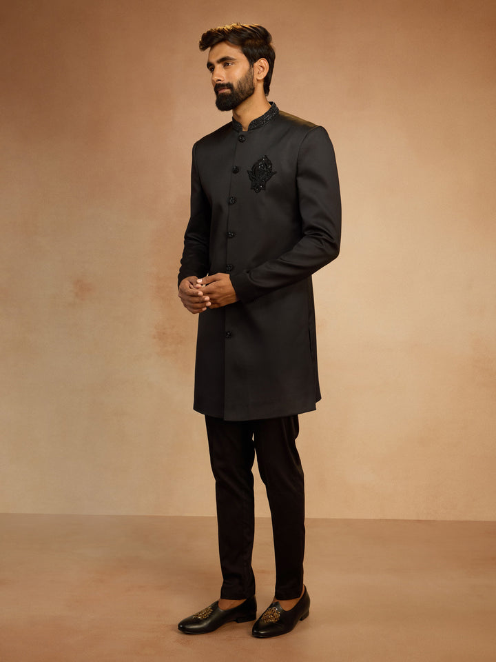 Men's Black Cutdana Sequin Embroidered Indo-Western Kurta with Pant Style Pyjama Set - view 3