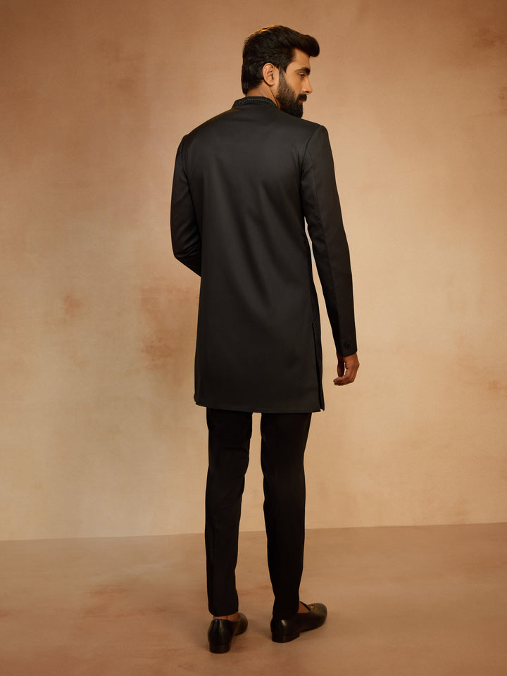 Men's Black Cutdana Sequin Embroidered Indo-Western Kurta with Pant Style Pyjama Set - view 5
