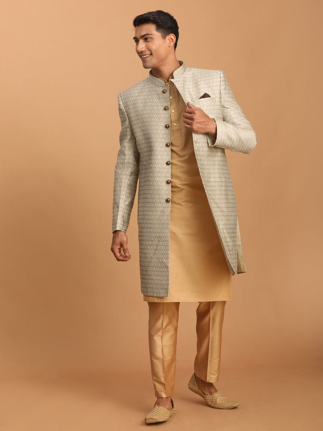 Sarvati Men's Beige Silk Blend Sherwani With Rose Gold Kurta Pant Set