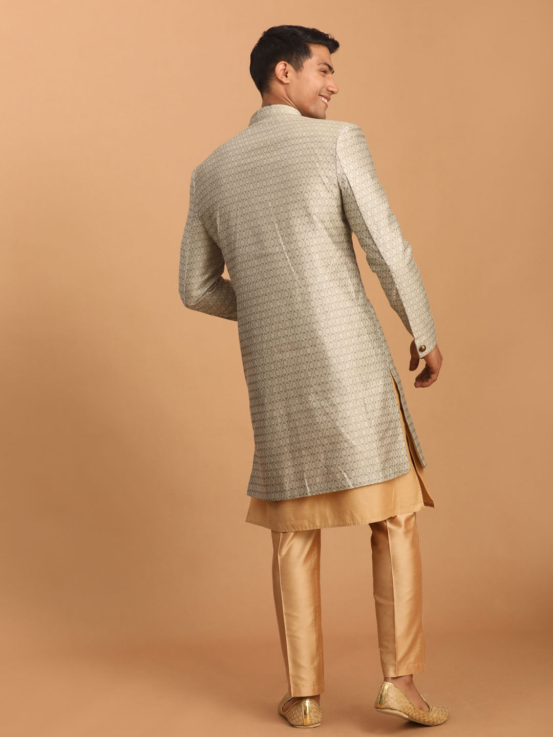 Sarvati Men's Beige Silk Blend Sherwani With Rose Gold Kurta Pant Set