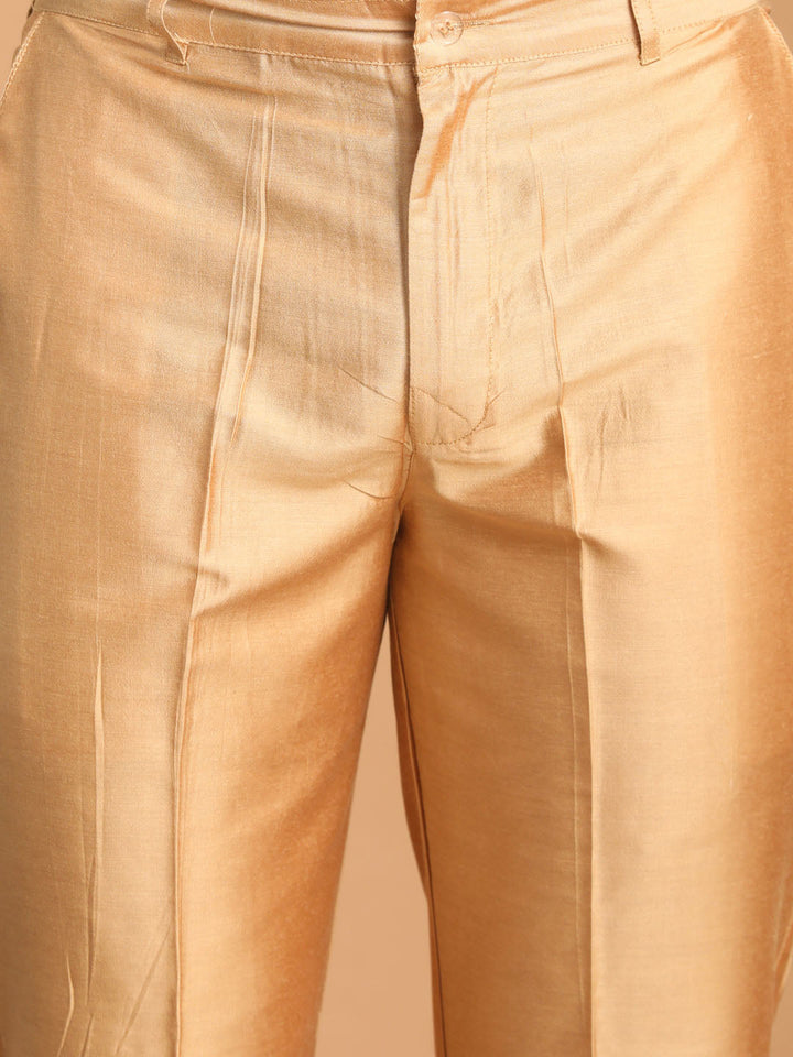 Men's Beige Silk Blend Sherwani With Rose Gold Kurta Pant Set