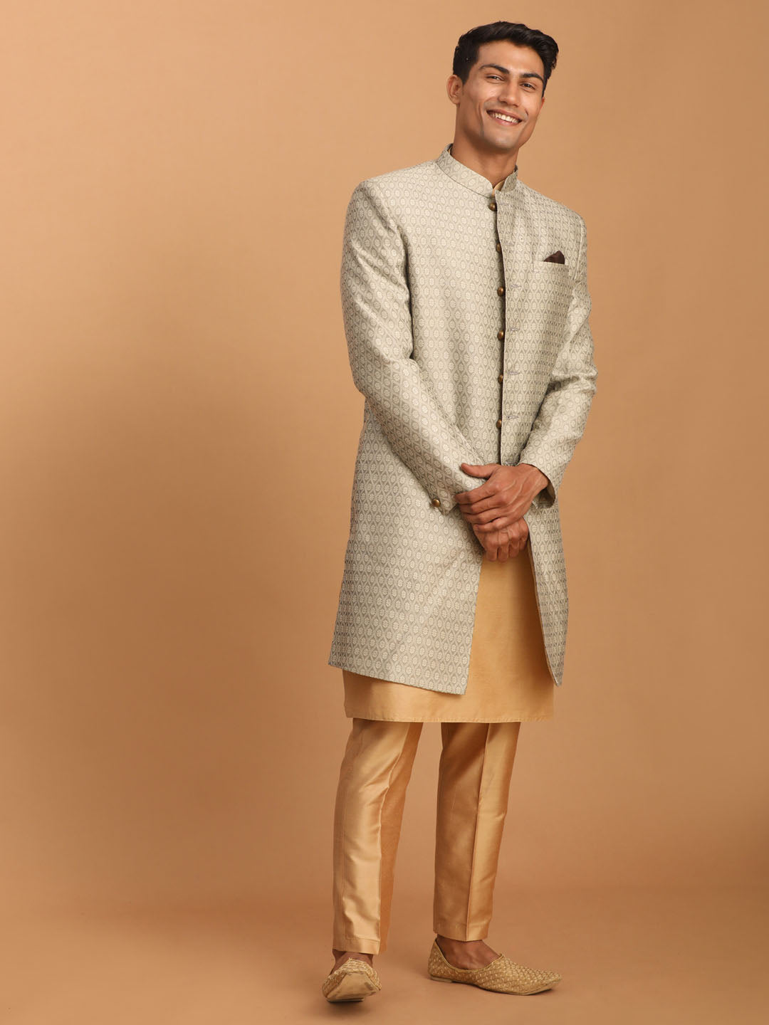 Sarvati Men's Beige Silk Blend Sherwani With Rose Gold Kurta Pant Set