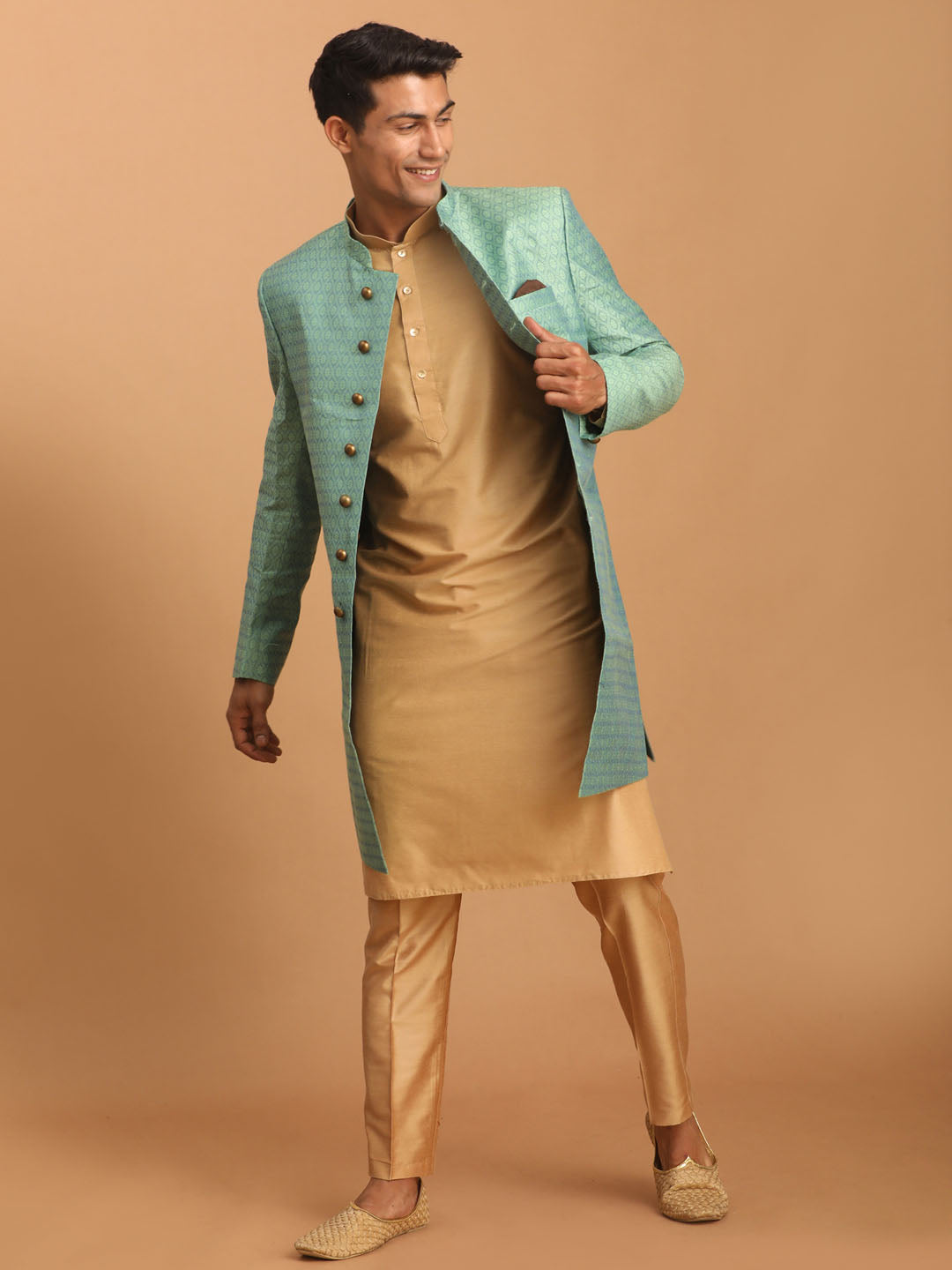 Sarvati Men's Green Silk Blend Sherwani With Rose Gold Kurta Pant Set