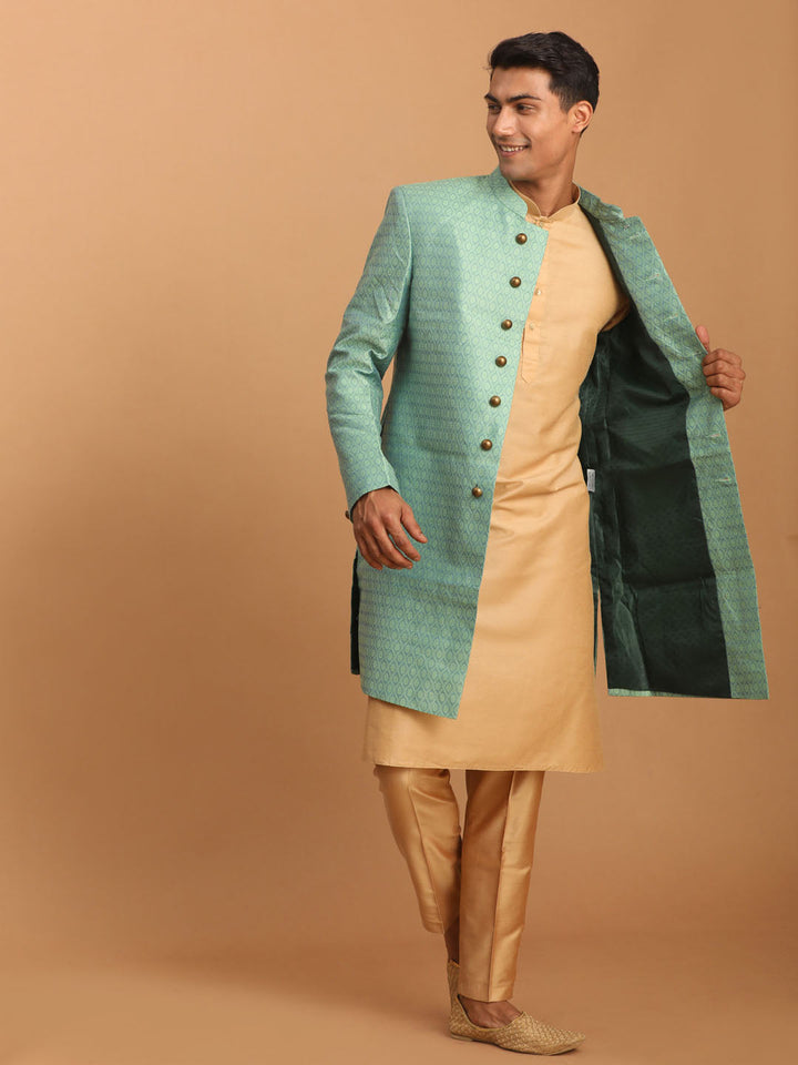 Sarvati Men's Green Silk Blend Sherwani With Rose Gold Kurta Pant Set