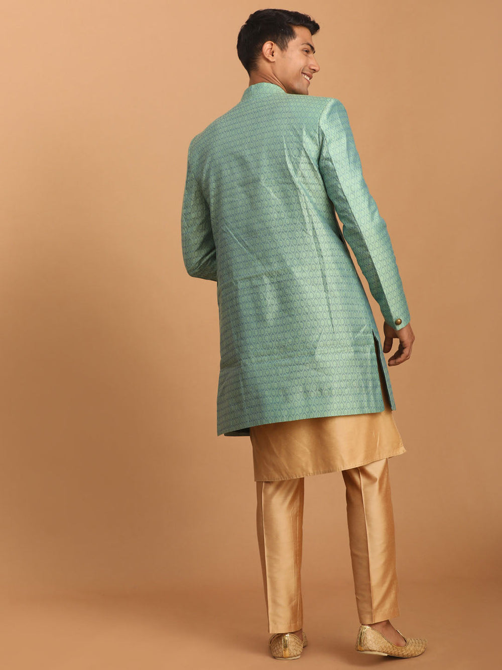 Sarvati Men's Green Silk Blend Sherwani With Rose Gold Kurta Pant Set