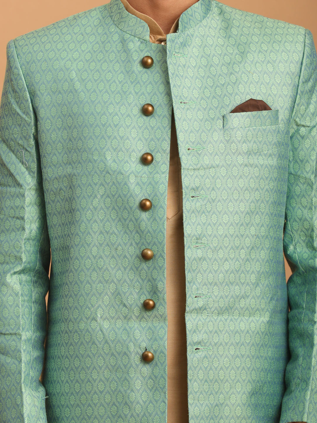 Sarvati Men's Green Silk Blend Sherwani With Rose Gold Kurta Pant Set