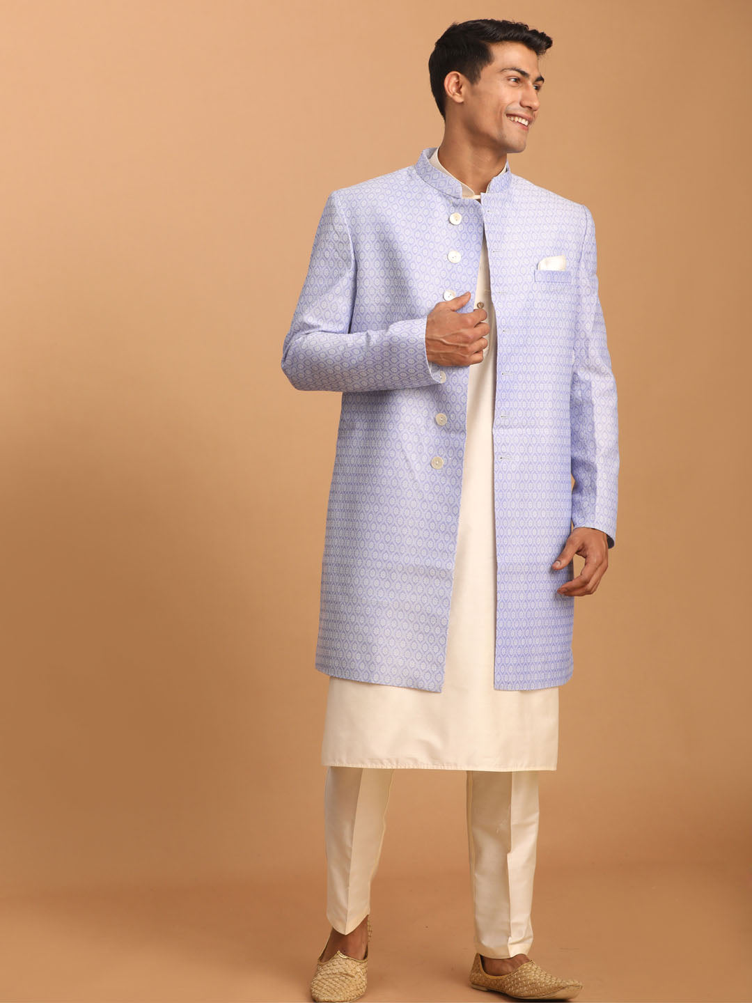 Sarvati Men's Lavender Sherwani With Cream Kurta And Pant Set