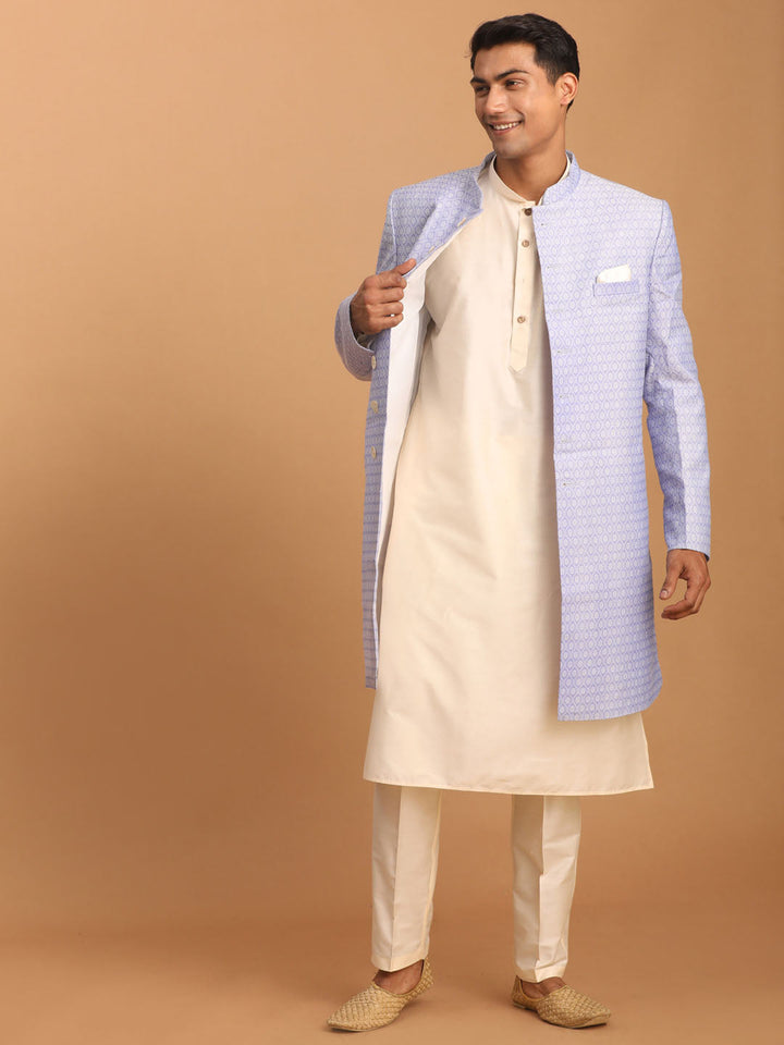 Sarvati Men's Lavender Sherwani With Cream Kurta And Pant Set