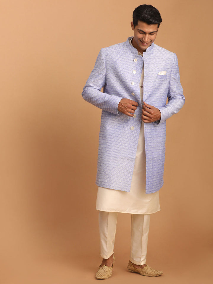 Sarvati Men's Lavender Sherwani With Cream Kurta And Pant Set