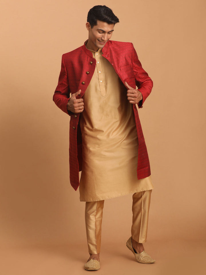 Sarvati Men's Maroon Silk Blend Sherwani With Rose Gold Kurta Pant Set