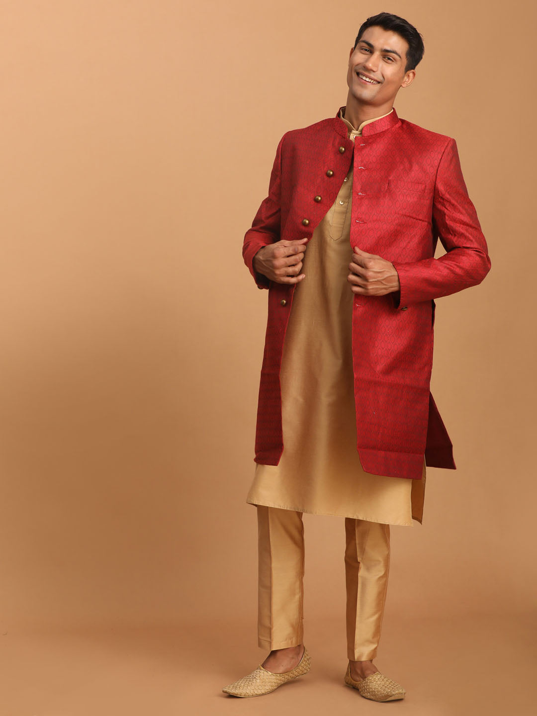 Sarvati Men's Maroon Silk Blend Sherwani With Rose Gold Kurta Pant Set