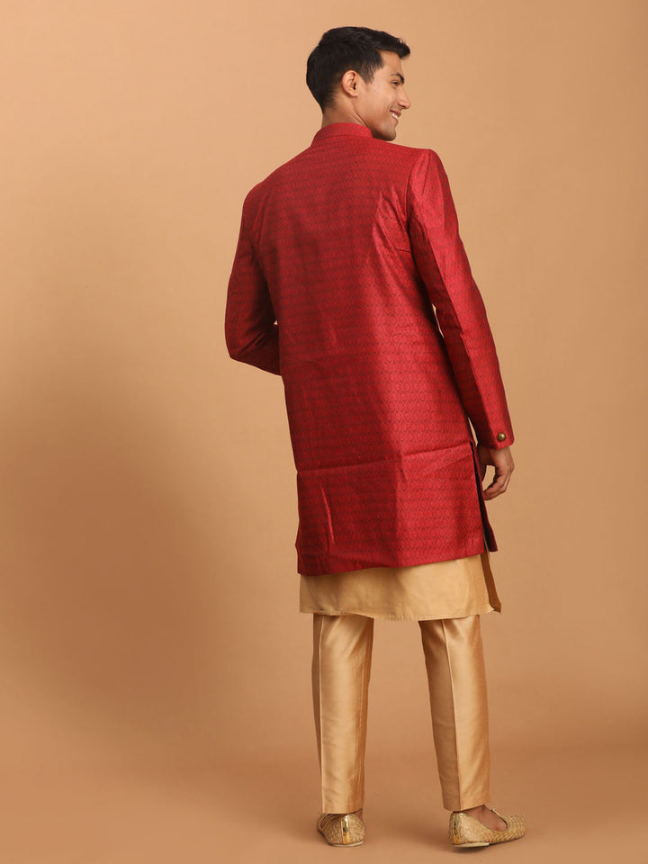 Sarvati Men's Maroon Silk Blend Sherwani With Rose Gold Kurta Pant Set