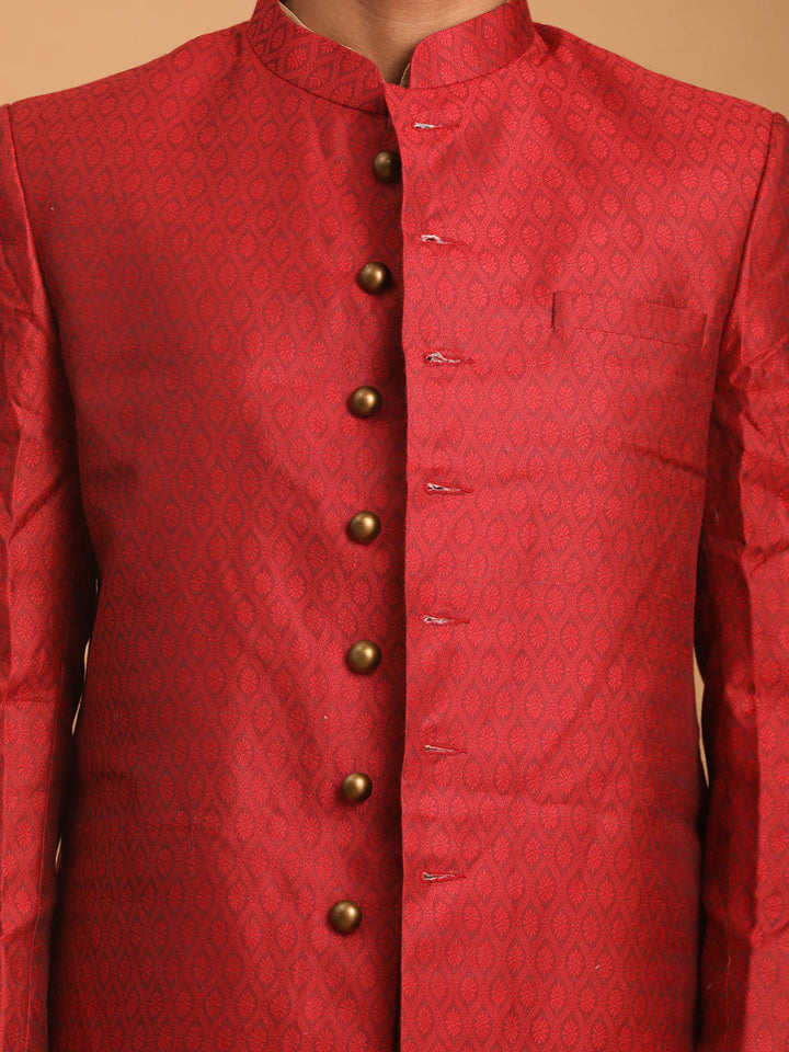 Sarvati Men's Maroon Silk Blend Sherwani With Rose Gold Kurta Pant Set