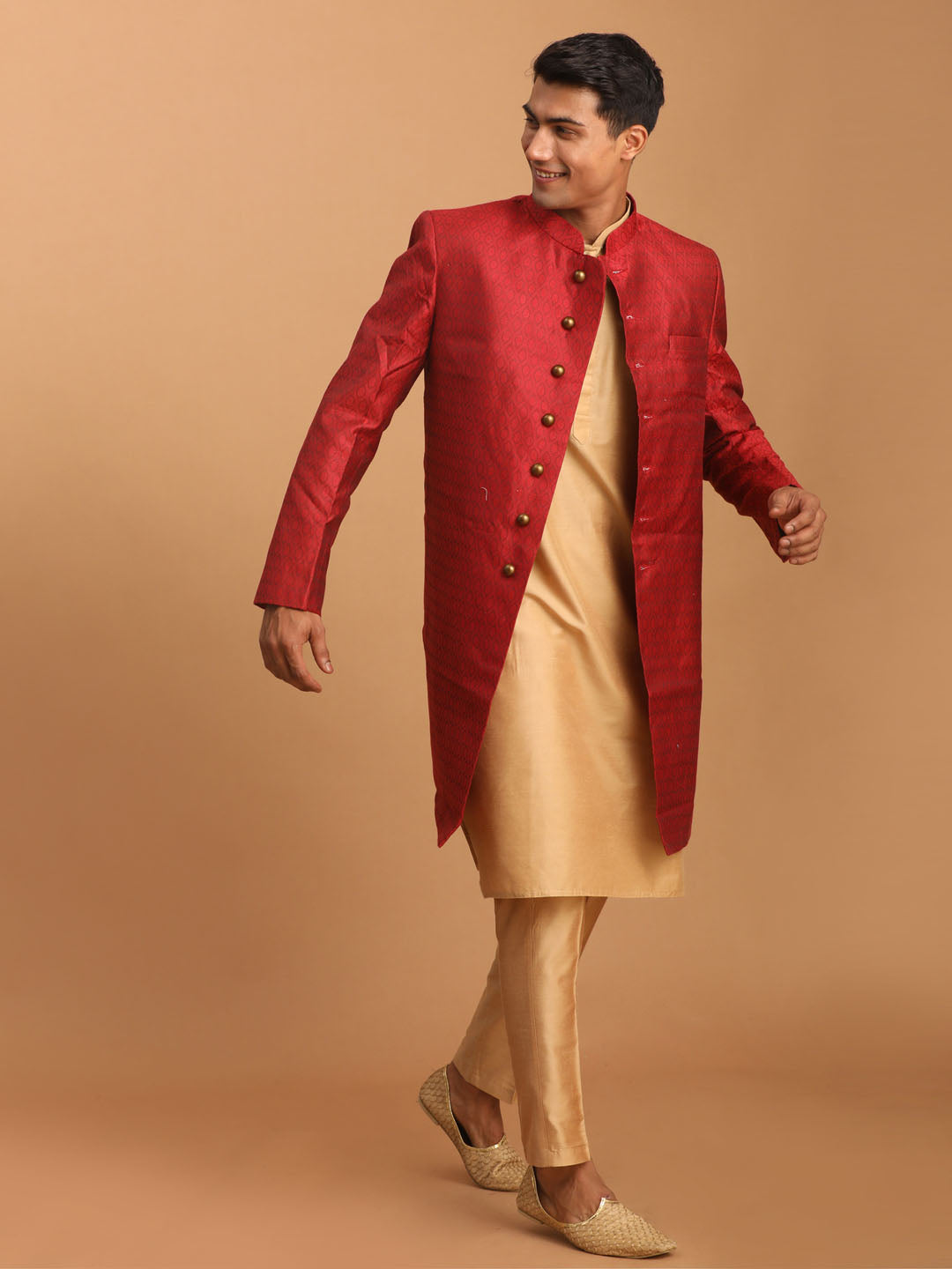 Sarvati Men's Maroon Silk Blend Sherwani With Rose Gold Kurta Pant Set