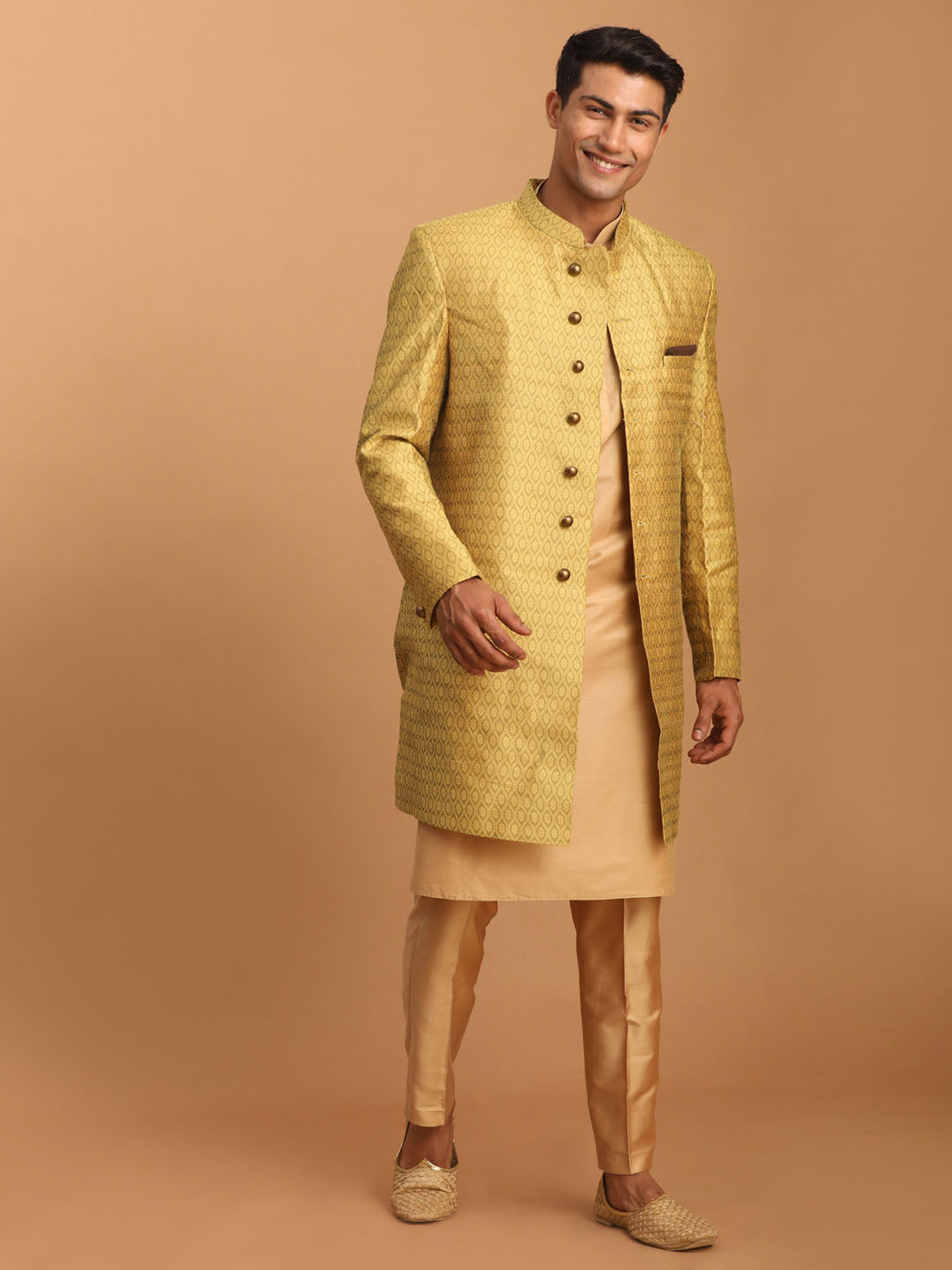 Sarvati Men's Yellow Silk Blend Sherwani With Rose Gold Kurta Pant Set