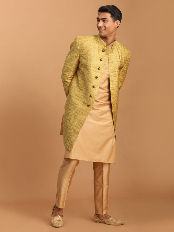 Sarvati Men's Yellow Silk Blend Sherwani With Rose Gold Kurta Pant Set