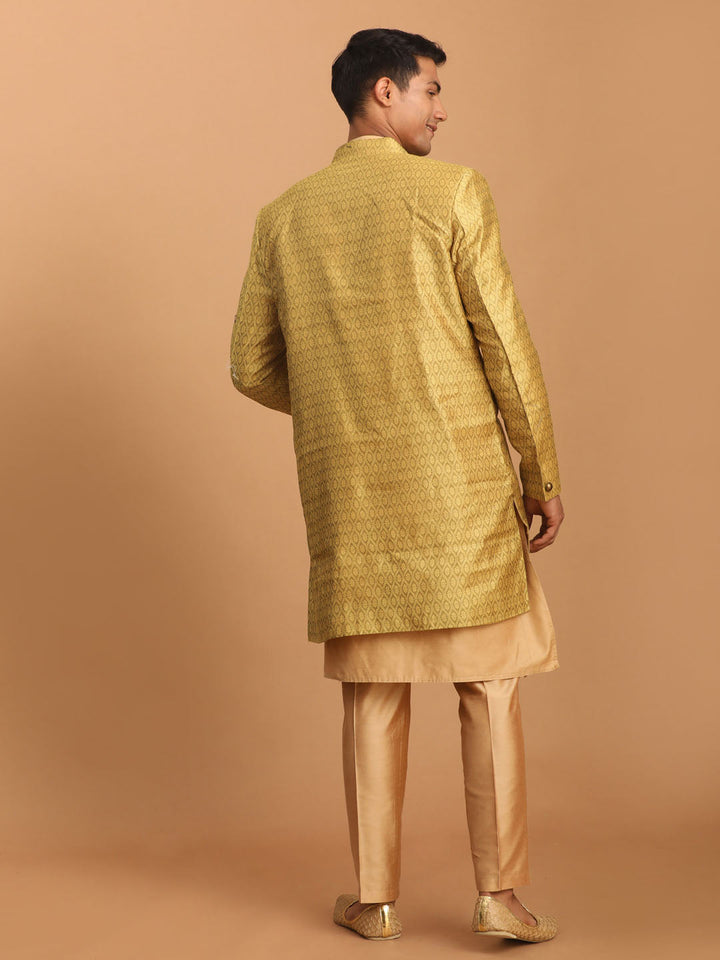 Sarvati Men's Yellow Silk Blend Sherwani With Rose Gold Kurta Pant Set