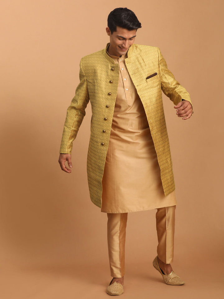 Sarvati Men's Yellow Silk Blend Sherwani With Rose Gold Kurta Pant Set