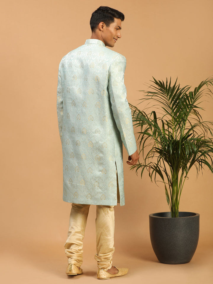 Men's Aqua Blue Woven Indo Western With Gold Pyjama Set