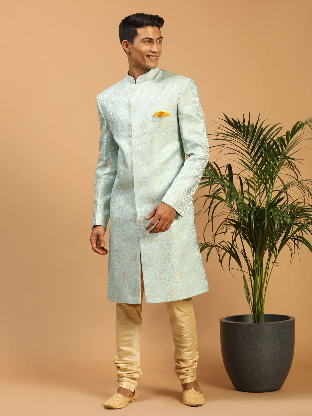 Men's Aqua Blue Woven Indo Western With Gold Pyjama Set