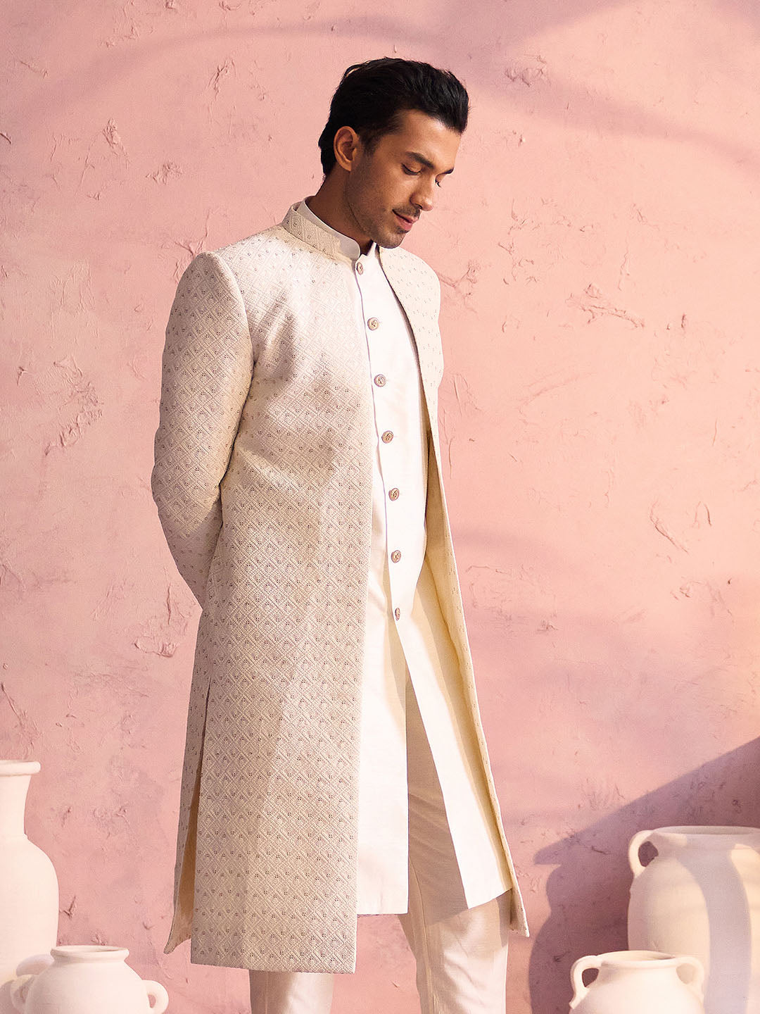 Sarvati Men's Cream Silk Blend Sherwani Only Top