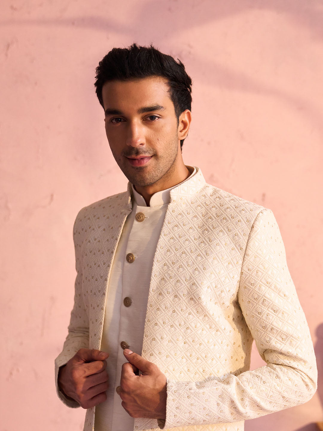 Sarvati Men's Cream Silk Blend Sherwani Only Top