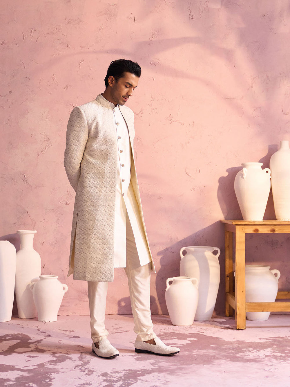 Men's Cream Schiffli Worked With Sequin Detailing Indo With Sleeveless Kurta Pant Set