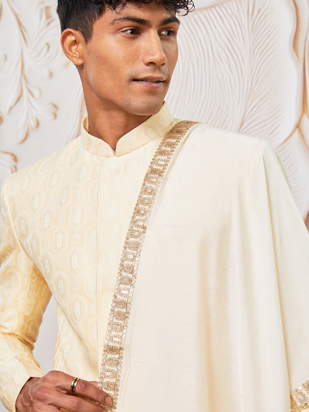 Men's Beige Silk Blend Indowestern, Kurta Pyjama And Dupatta Set