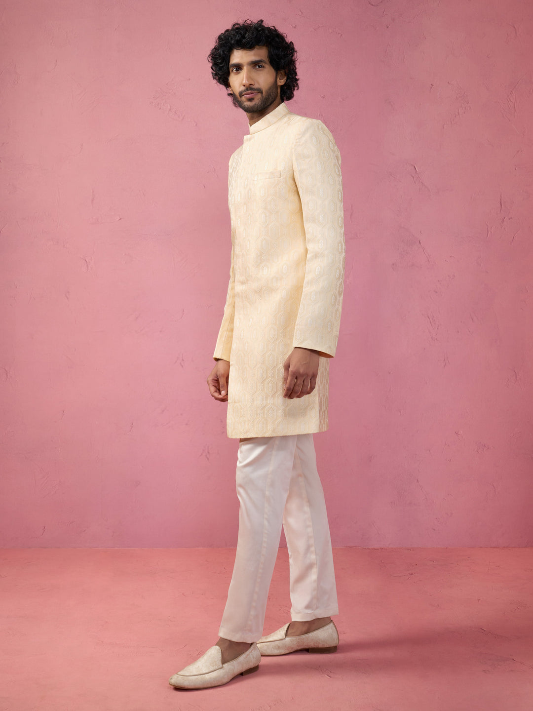 Men's Beige Jacquard Indo-Western Kurta with Cream Trousers
