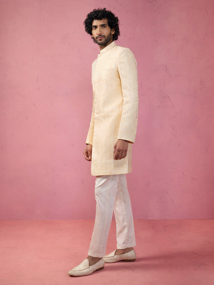 Men's Beige Jacquard Indo-Western Kurta with Cream Trousers