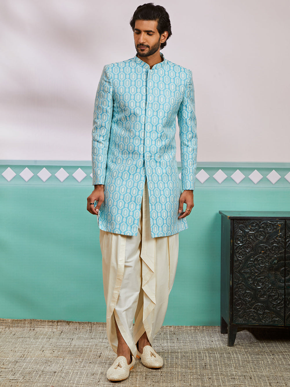 Men's Blue Silk Blend Sherwani Set