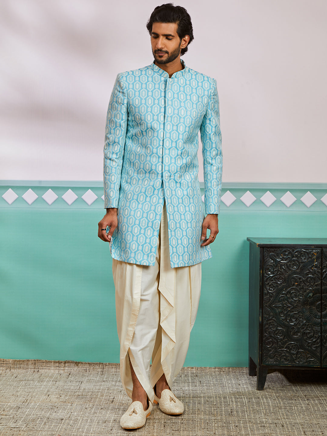 Men's Blue Silk Blend Sherwani Set