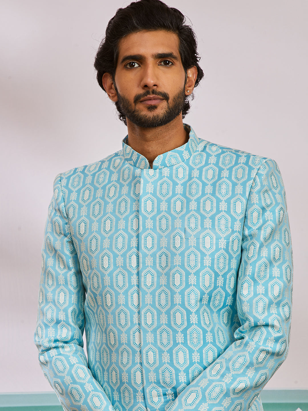 Men's Blue Silk Blend Sherwani Set