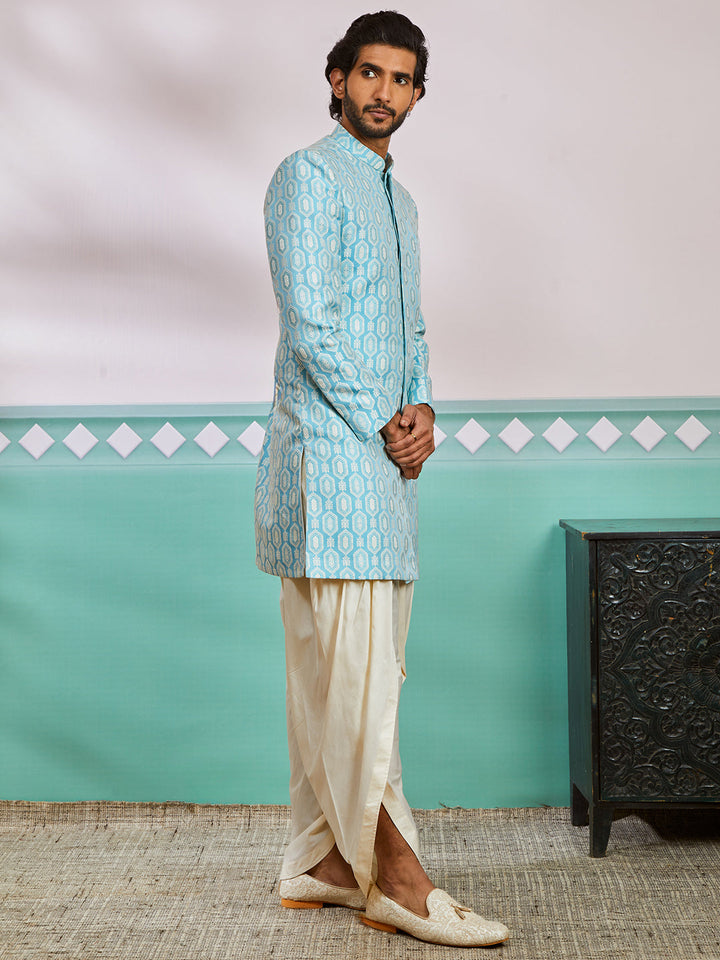 Men's Blue Silk Blend Sherwani Set
