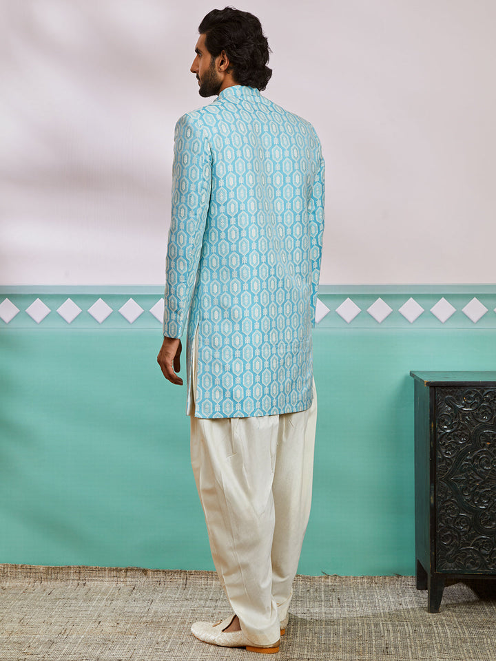 Men's Blue Silk Blend Sherwani Set