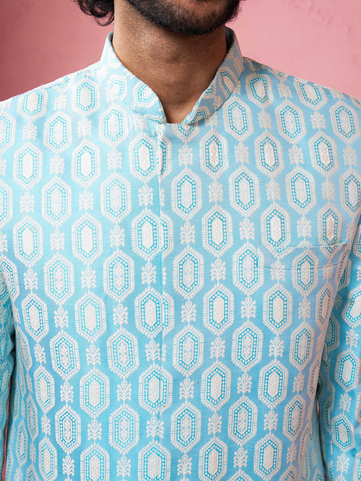 Men's Blue Jacquard Indo-Western Kurta with Cream Trousers