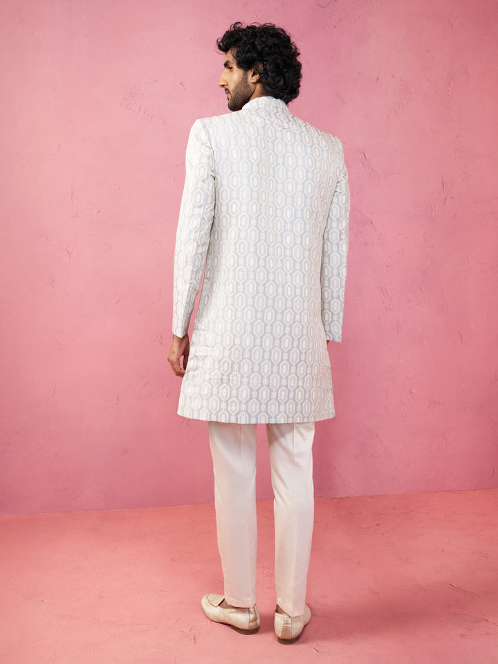 Men's Grey Jacquard Indo-Western Kurta with Cream Trousers