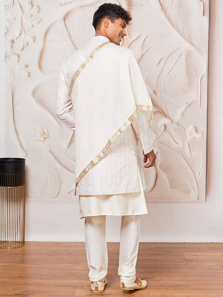 Men's Lavender Silk Blend Indowestern, Kurta Pyjama And Dupatta Set
