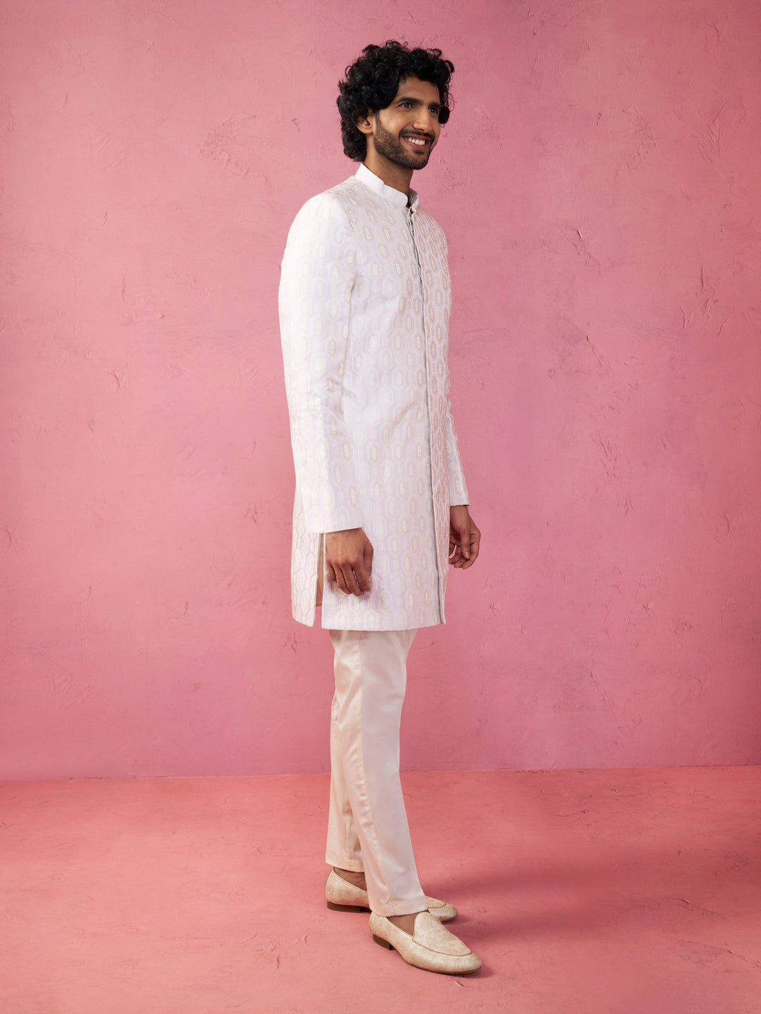 Men's Purple Jacquard Indo-Western Kurta with Cream Trousers