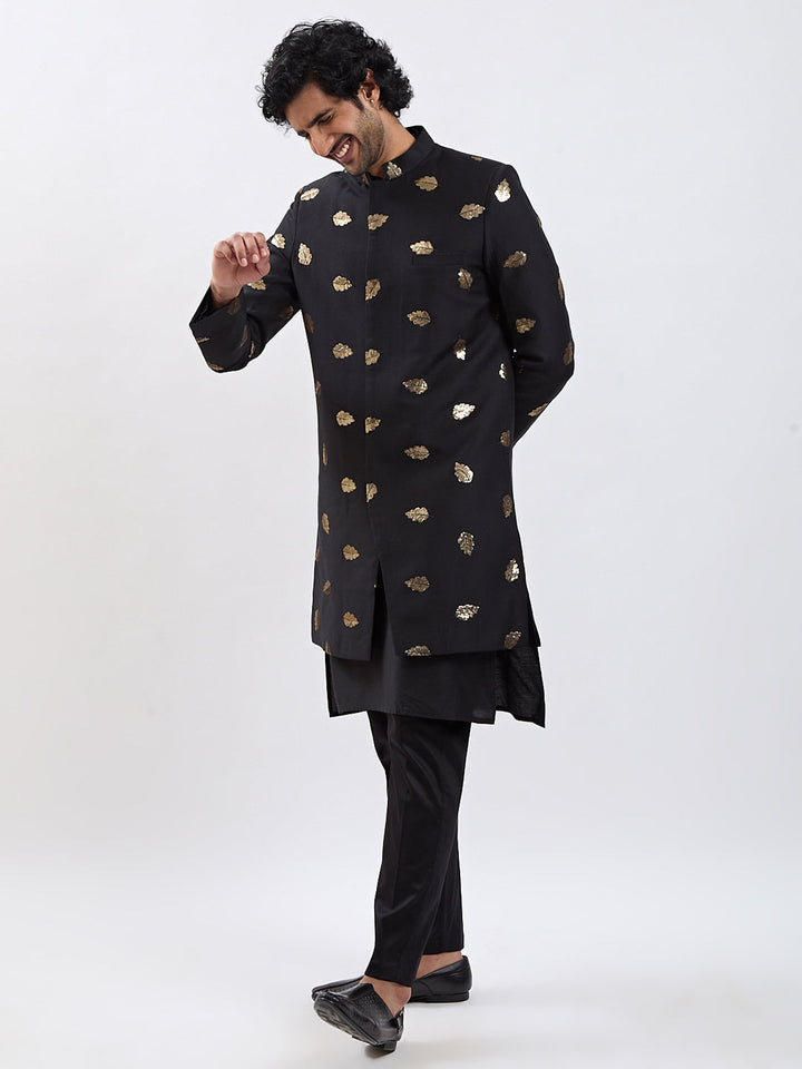 Men's Black Viscose Sherwani Set