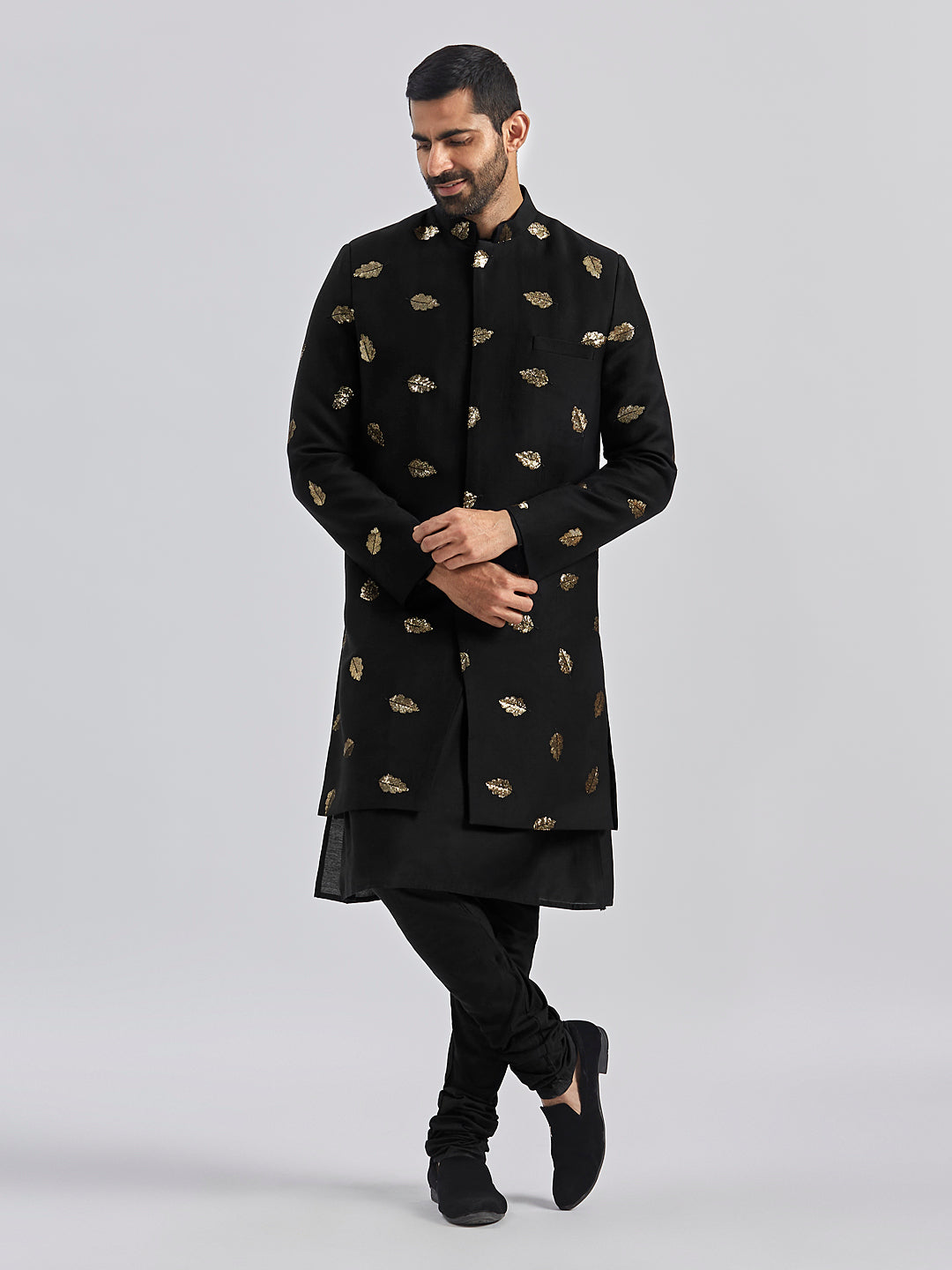 Men's Black Viscose Sherwani Set