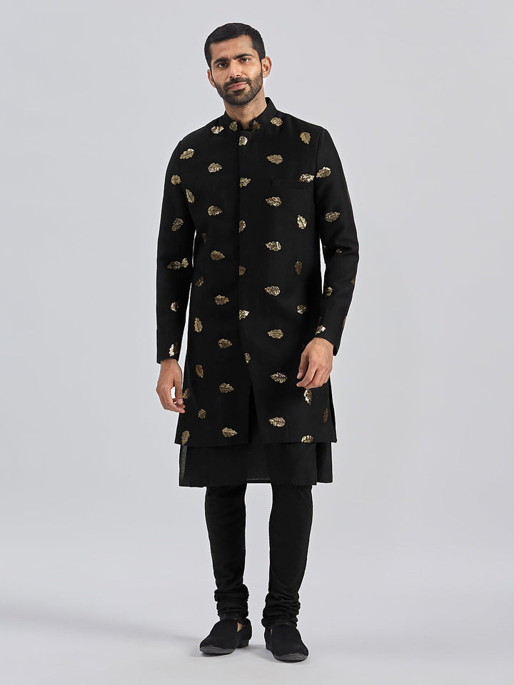 Men's Black Viscose Sherwani Set