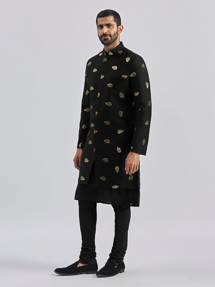 Men's Black Viscose Sherwani Set